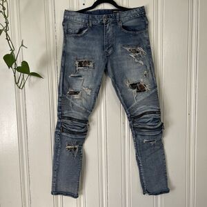 Smoke Rise Men’s Blue Distressed Rip & Repair Skinny Jeans Zip Accents Size 32